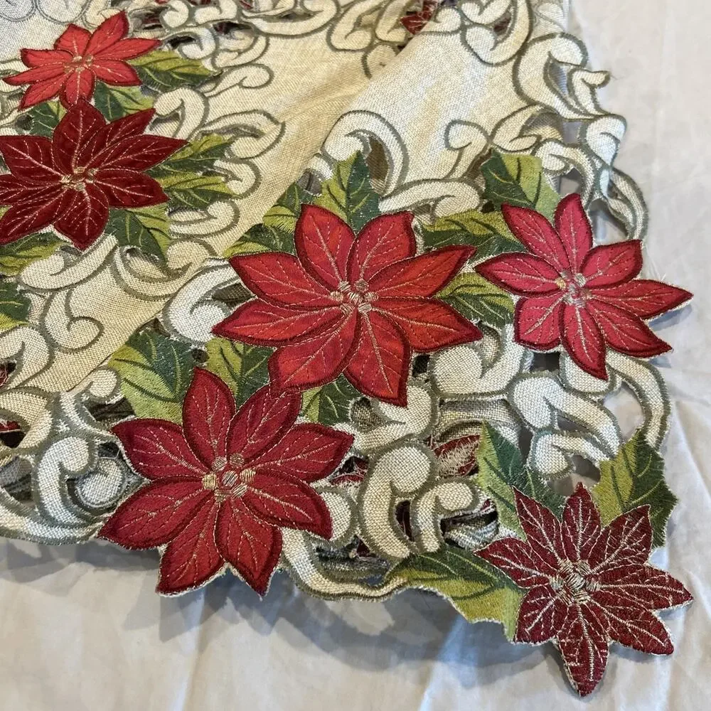 Christmas Table Runner 69 x 15 Inch Embroidered Poinsettia Cutwork Holiday Linen